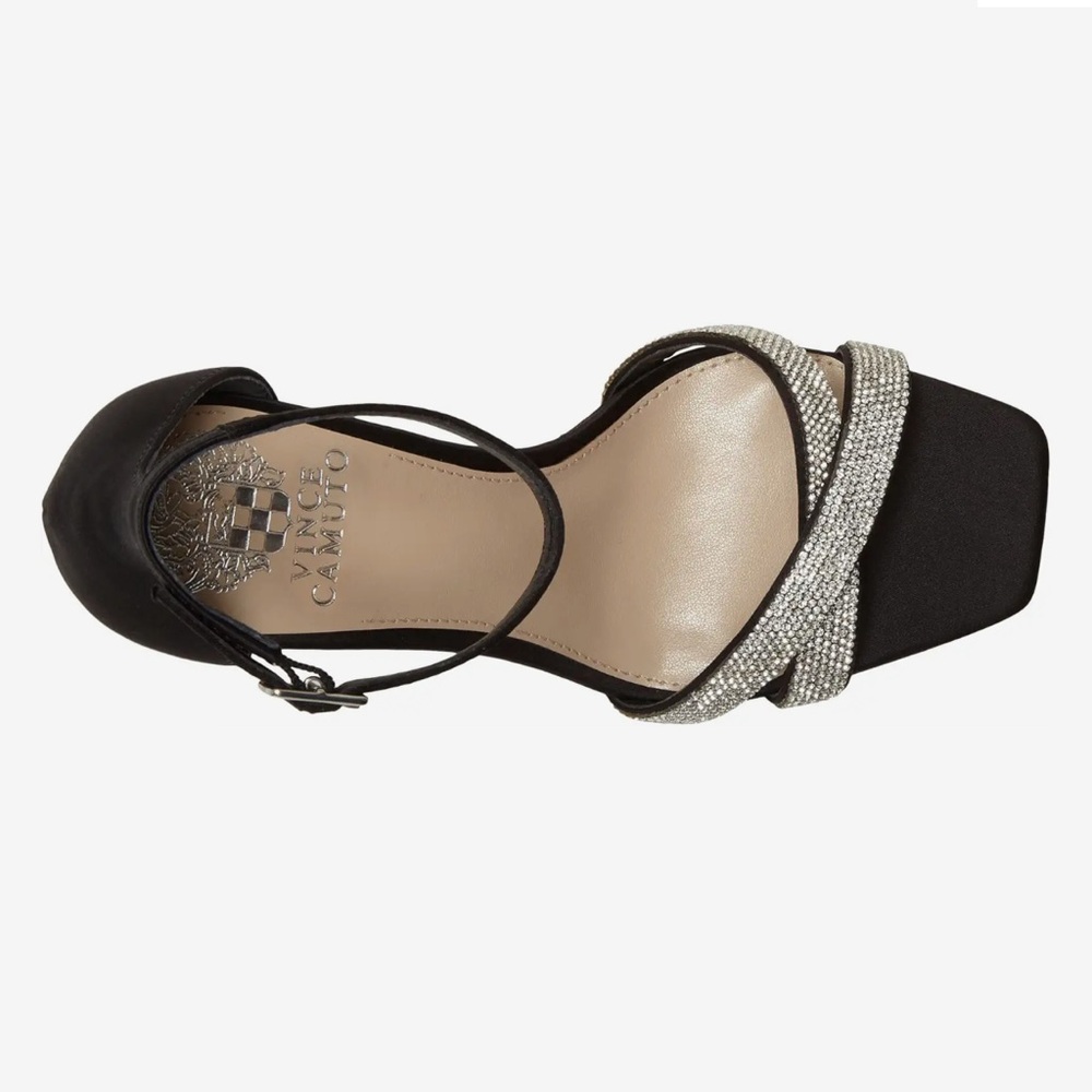 Vince Camuto Kalvira 2 Black Satin Rhinestone Square Open Toe Ankle Strap Heels - Picture 6 of 11